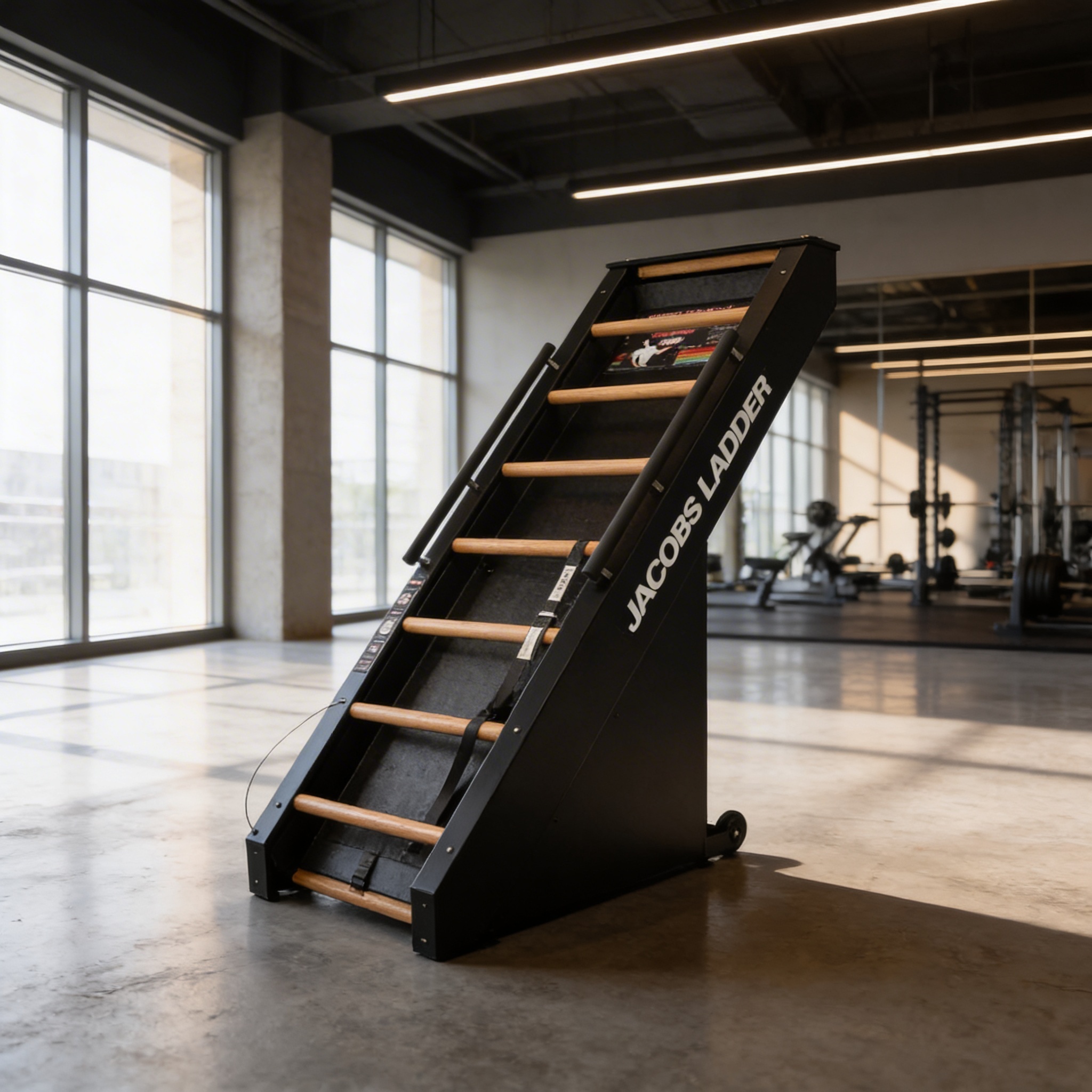 Jacobs Ladder Original en gimnasio moderno con piso de concreto pulido y diseño industrial