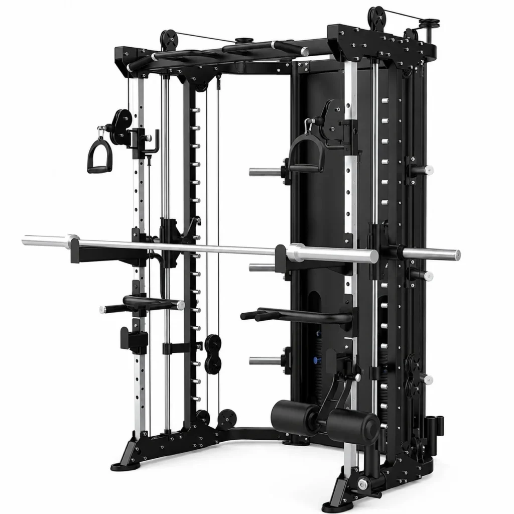 CARACTERÍSTICAS • Tipo de uso: Comercial • Medidas: Altura 225 cm/ ancho 213 cm / largo 156 cm • Material: Acero • Peso integrado: 92 kg por lado INCLUYE • 6 Racks para discos • Landmine • 1 Barra Olímpica en Smith. • Rodillo para abs • 2 Agarres para Crossover. • 1 Dip Station (para fondos) • 2 soportes de seguridad • Estructura para dominadas